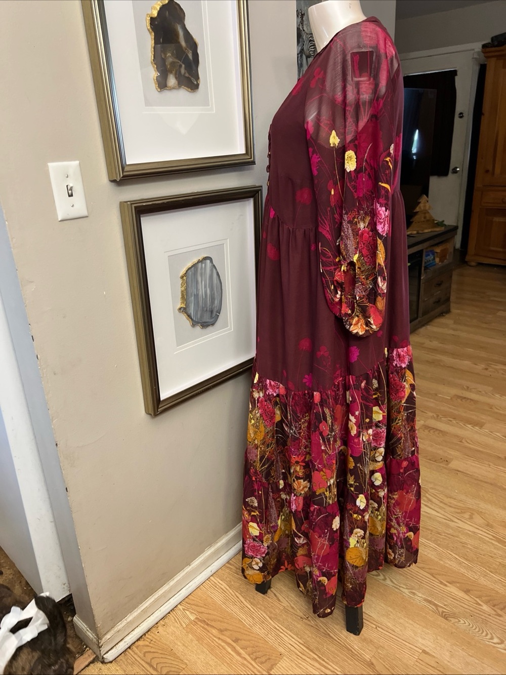 Arna York Dress Women 16 Burgundy Floral Lined Date Church Peasant Hippie tiered - Picture 4 of 14